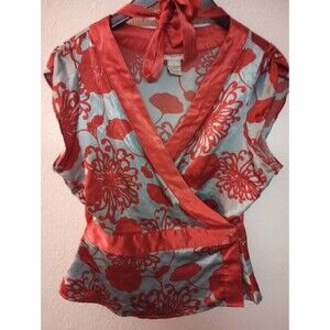 Vertigo Paris Womens Top size L Floral Printed Wrap Shirt Blouse Macy's Y2k 19"